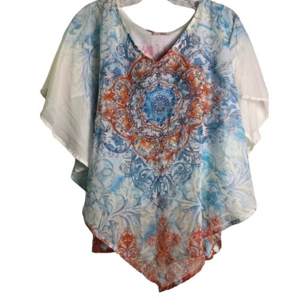 Womens Sheer V-Neck Poncho Top With Blue & Orange Mandala Print Size M